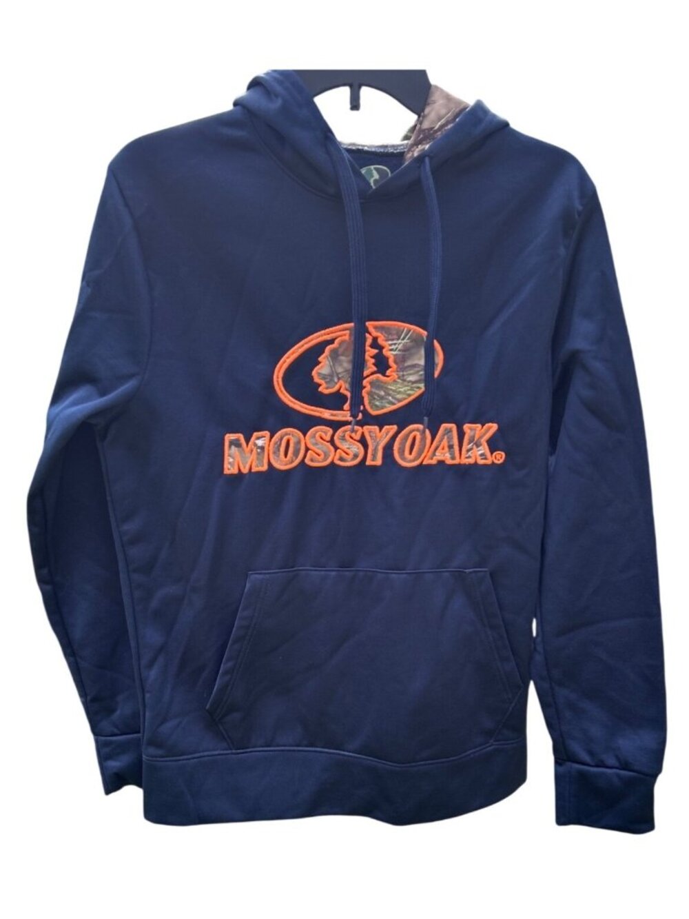 Mossy Oak Mens Size M Navy Hoodie With Camo Lined Hood & Logo Patch Flaw